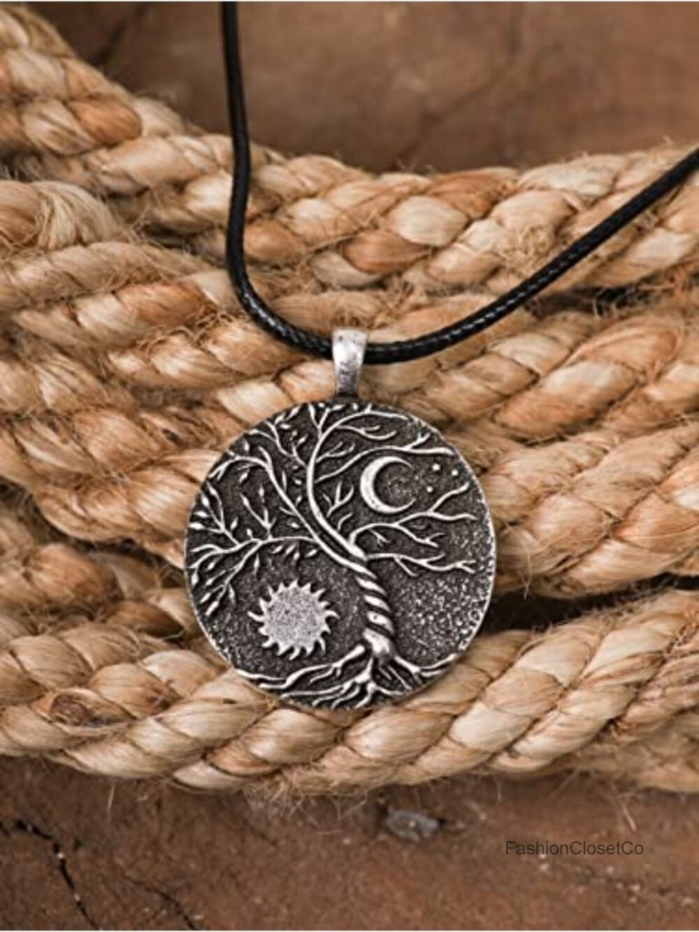 Tree of Life Pendant Necklace, Faux Leather Cord, Antique Silver Finish - Picture 2 of 5